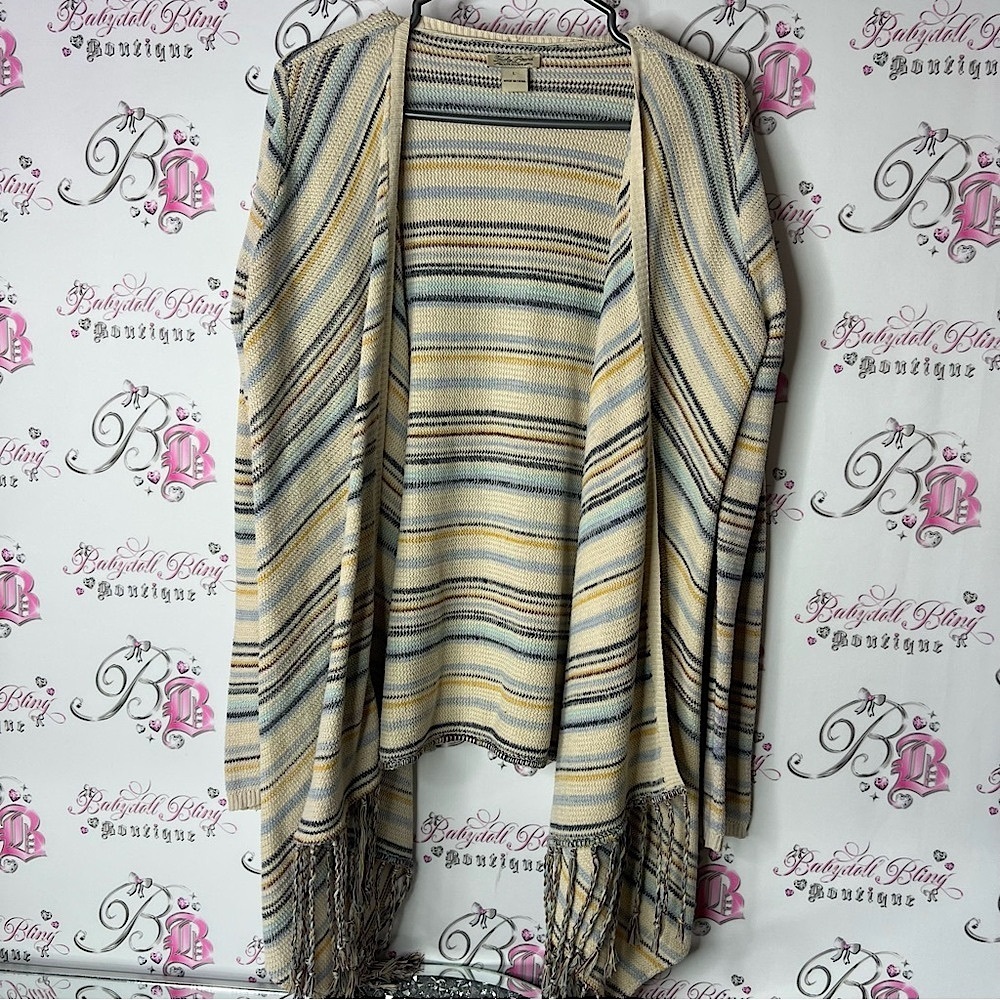 Lucky Brand cardigan Multicolor Striped sweater blue cream knitted Fringe